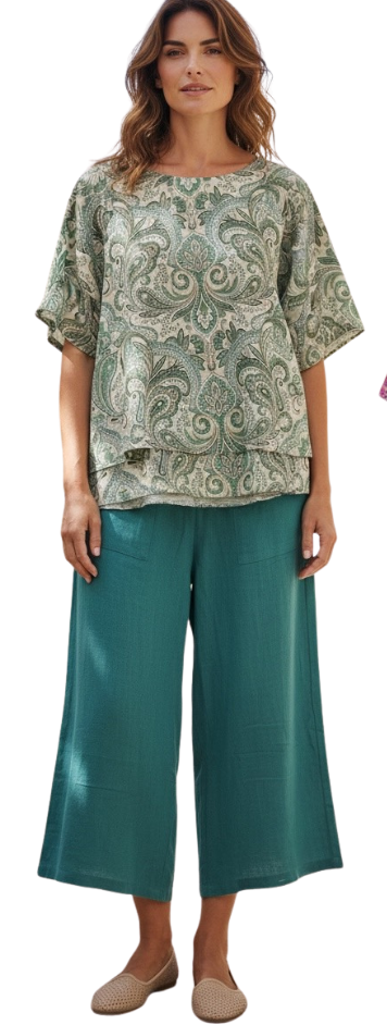 6678 Wide leg culotte viscose linen pant teal 2026 Summer Equinox 