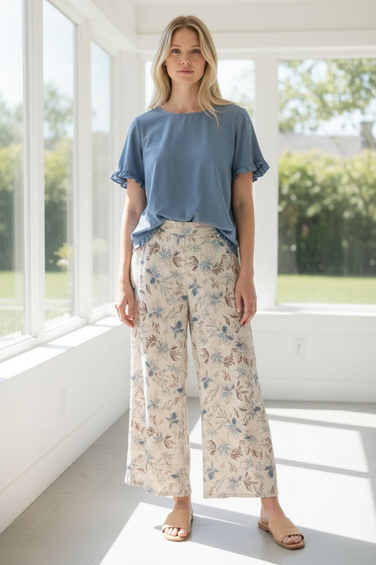 Natural Flower Wide Leg Pants with Pockets #6786
