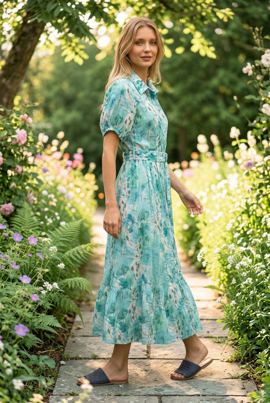 Matisse Floral Print Belted Shirtmaker Midi Dress #7622 – Blue/Green