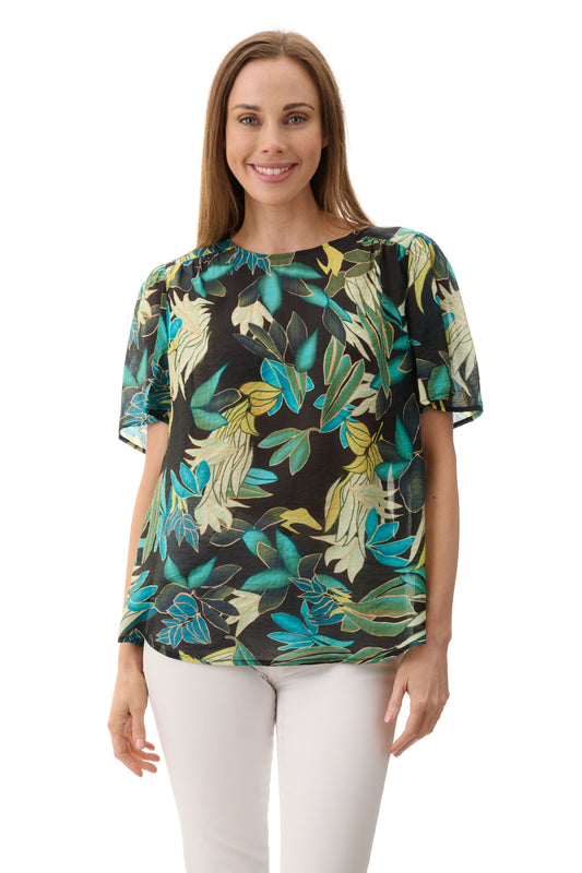 Givoni Holly Green multi print flounce sleeve top 6MB04H