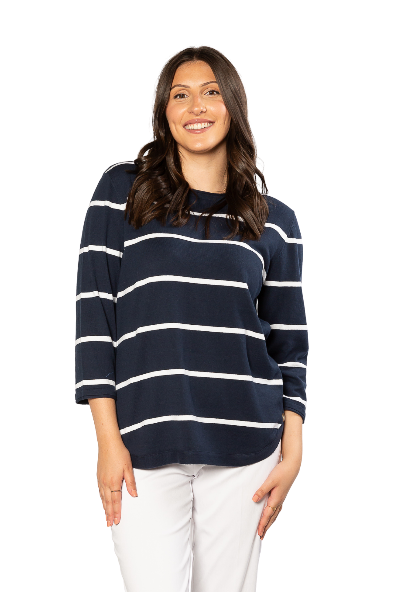 100% Cotton Stripe 3/4 Sleeve Light Weight Summer Knit #5018 - Navy