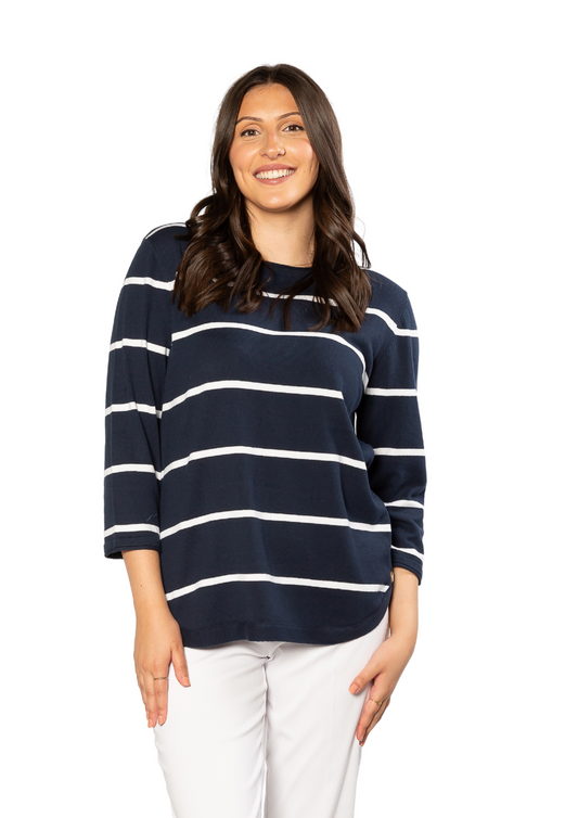 100% Cotton Stripe 3/4 Sleeve Light Weight Summer Knit #5018 - Navy