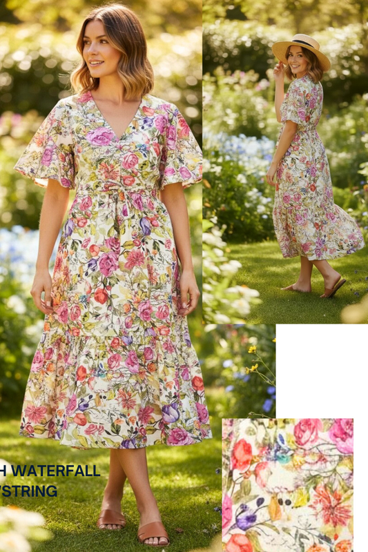  7254 tea dress dress with images and details, set against a garden background.