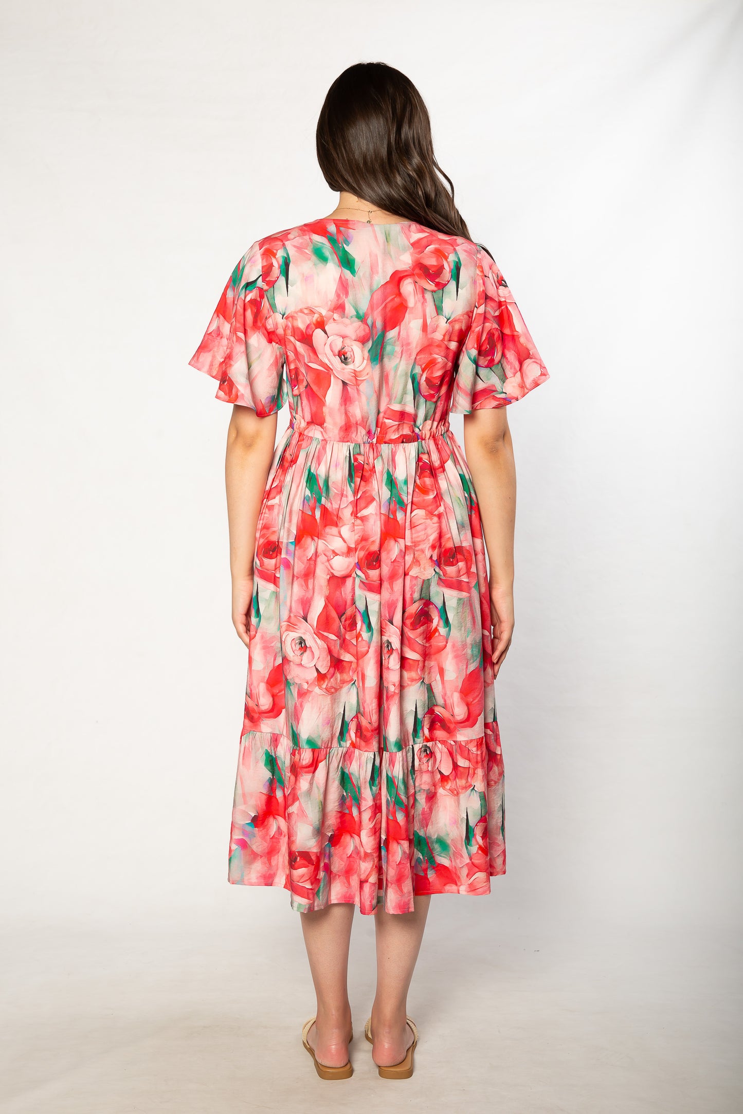 Rose Tea Dress with Flutter Sleeve 7621 Pink Multi