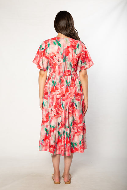 Rose Tea Dress with Flutter Sleeve 7621 Pink Multi