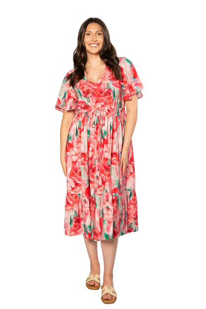 Rose Tea Dress with Flutter Sleeve 7621 Pink Multi