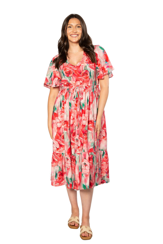 Rose Tea Dress with Flutter Sleeve 7621 Pink Multi