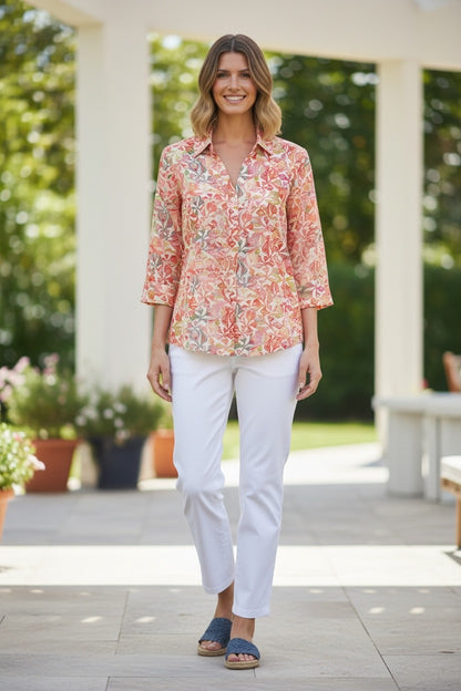 Floral Cotton Print 3/4 Sleeve Shirt #3572 – Peach Multi
