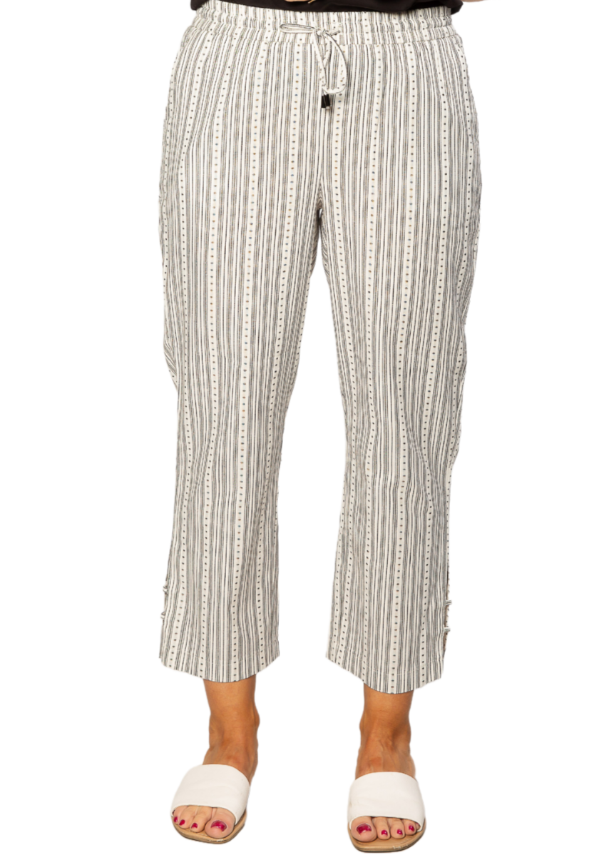 Pure Cotton Drawstring Stripe Pant with Side Seam Hem Tab Detail #6535 - White