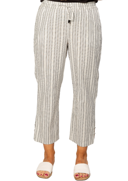 Pure Cotton Drawstring Stripe Pant with Side Seam Hem Tab Detail #6535 - White