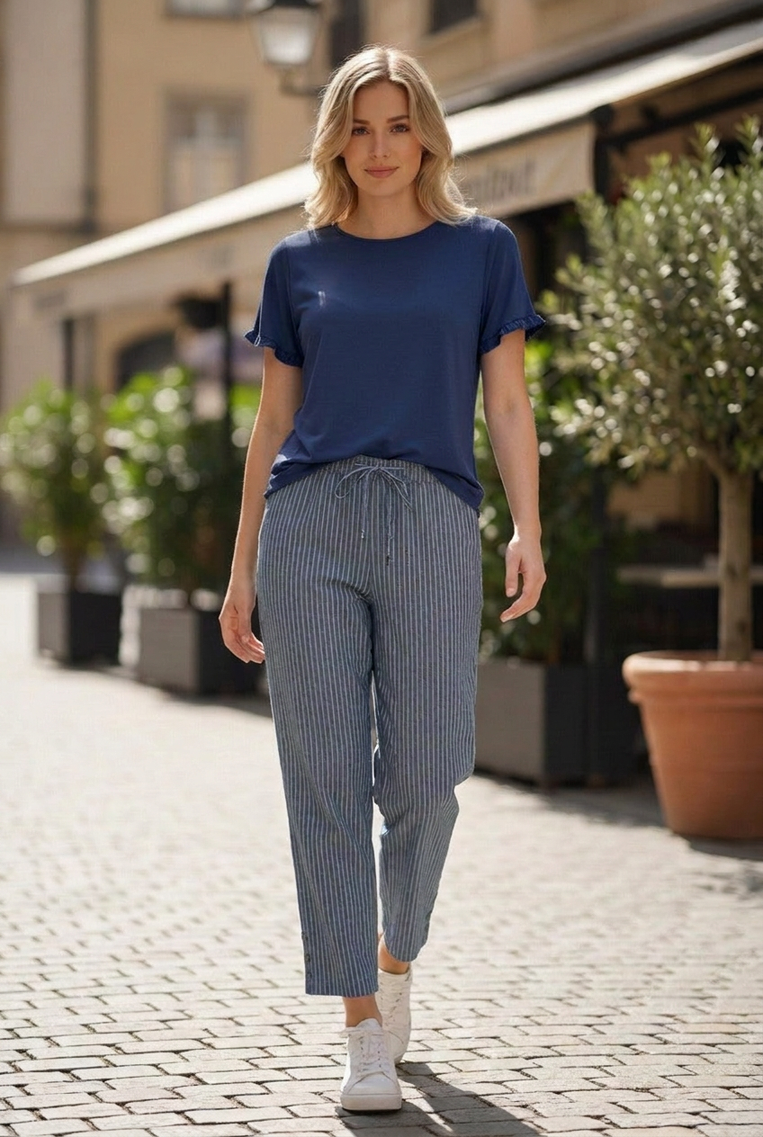 Drawstring Stripe Cotton Pants #6544