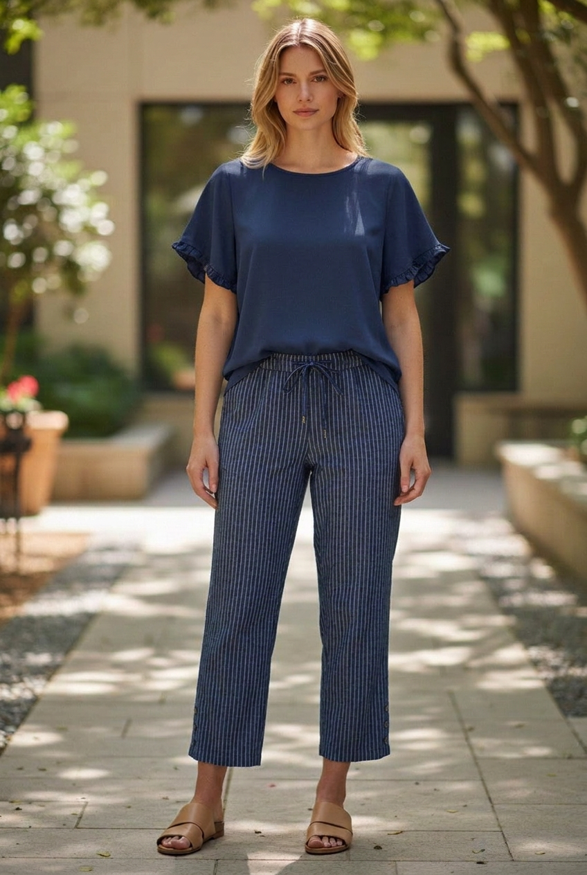 Drawstring Stripe Cotton Pants #6544
