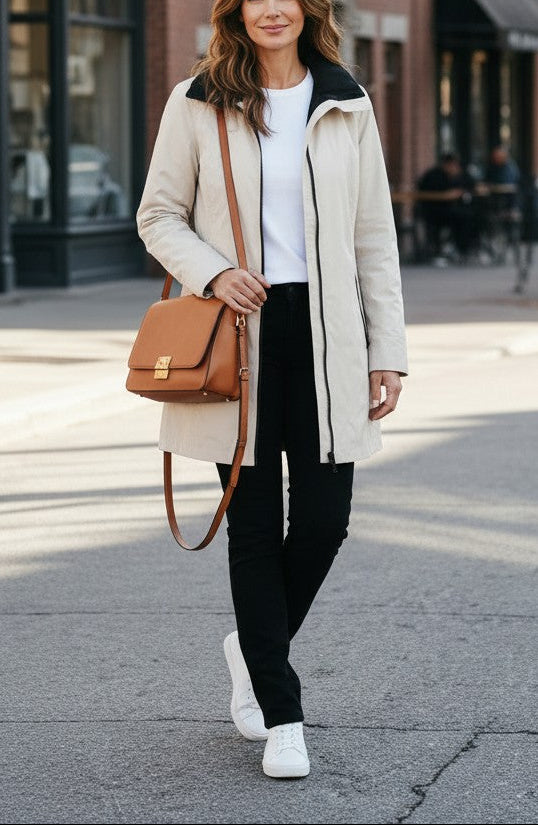 A woman walking down a city street wearing a long cream coat over a white top and black pants, carrying a tan leather crossbody bag.