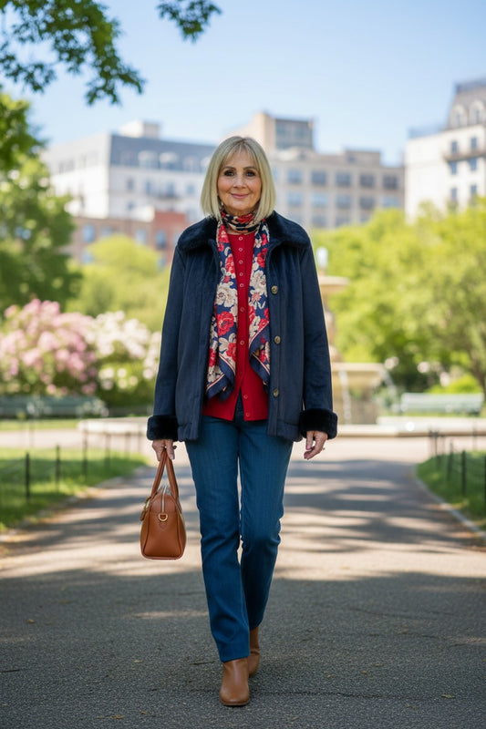 A woman walking outdoors on a park path wearing a navy blue coat, a red and floral print scarf, blue jeans, and brown ankle boots, while carrying a brown handbag.