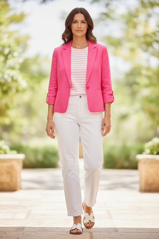 Women's Cotton Linen Summer Jacket #9300 - Pink/Blue/White