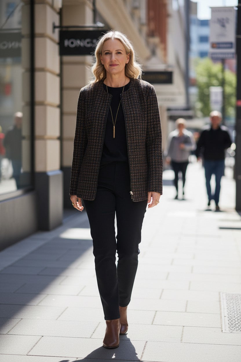 Zip-Up Cotton Blend Check Jacket #9381 – Black Multi