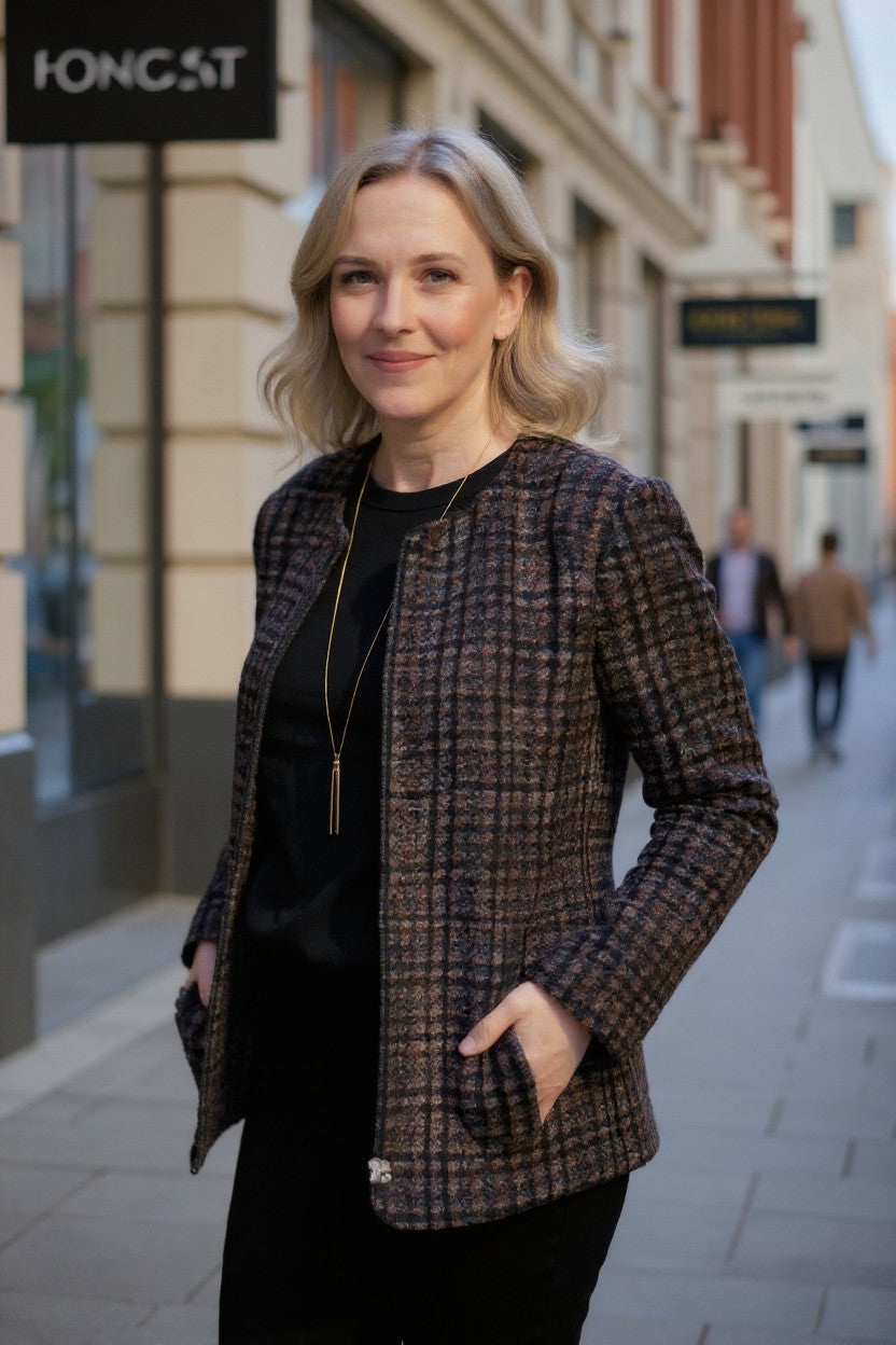 Zip-Up Cotton Blend Check Jacket #9381 – Black Multi