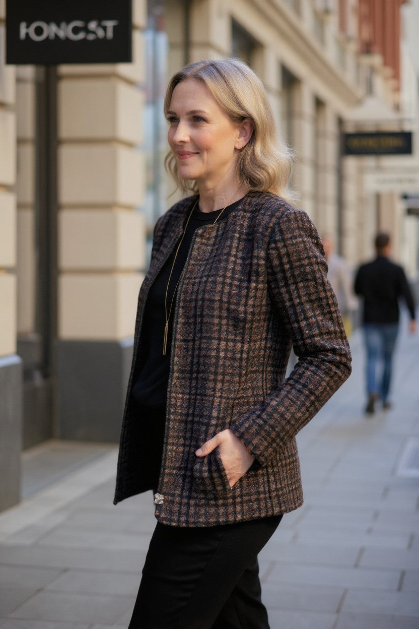 Zip-Up Cotton Blend Check Jacket #9381 – Black Multi