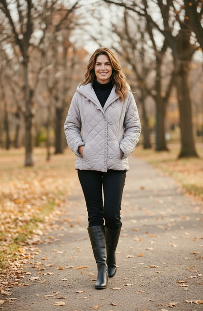 A woman walking on a leaf-strewn path in a park, wearing a light gray quilted puffer jacket over a black turtleneck, black pants, and black knee-high boots.