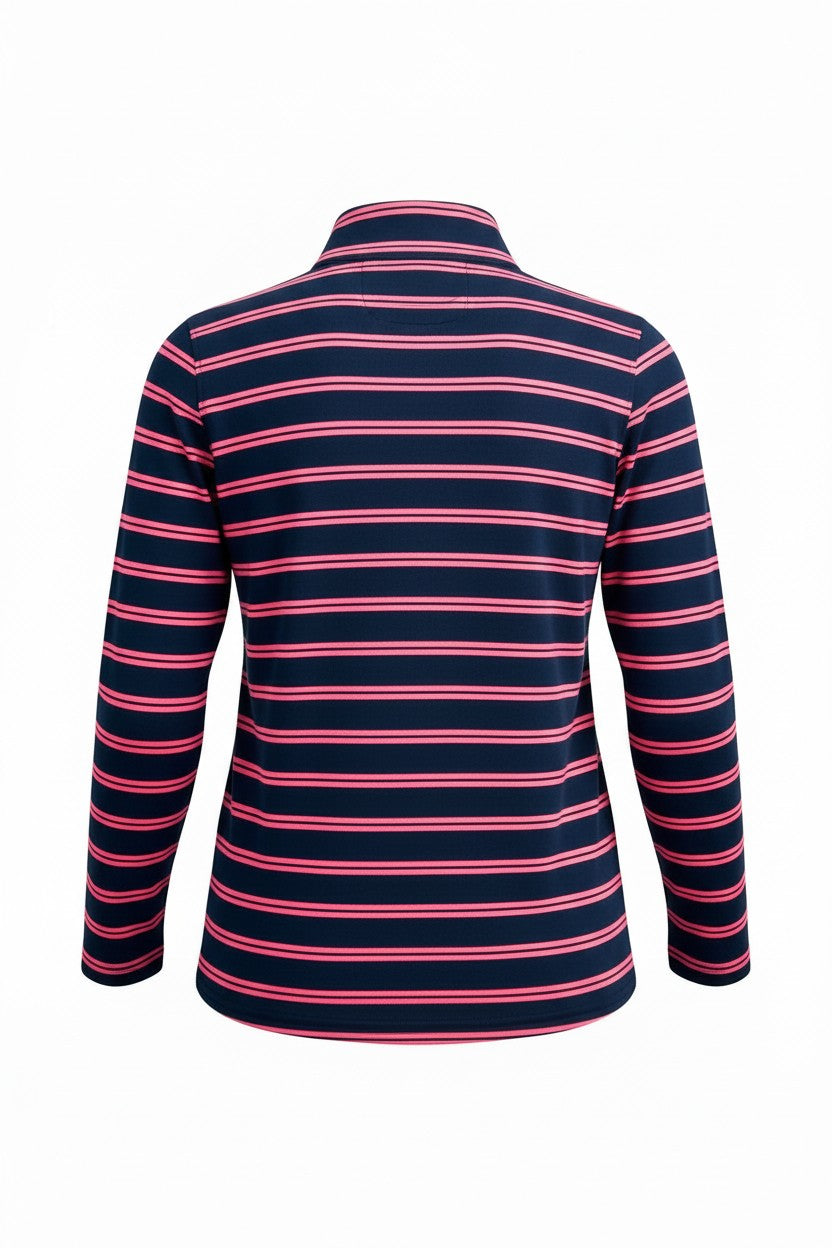 Cotton  Stripe Knit Polo Top with half zip opening #297 Navy/Pink