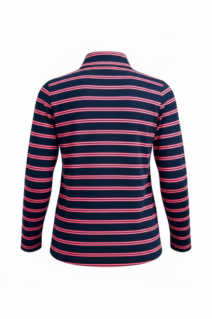 Cotton  Stripe Knit Polo Top with half zip opening #297 Navy/Pink