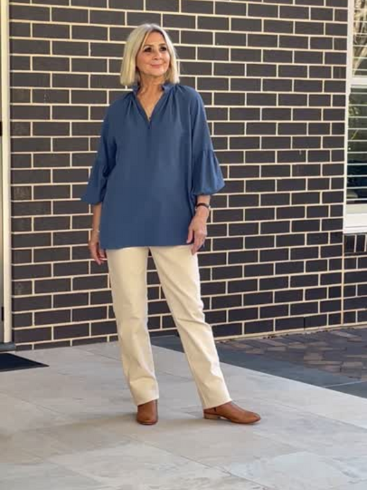 Relaxed Top with ruffle trim mandarin collar and half placket opening #3601 Blue