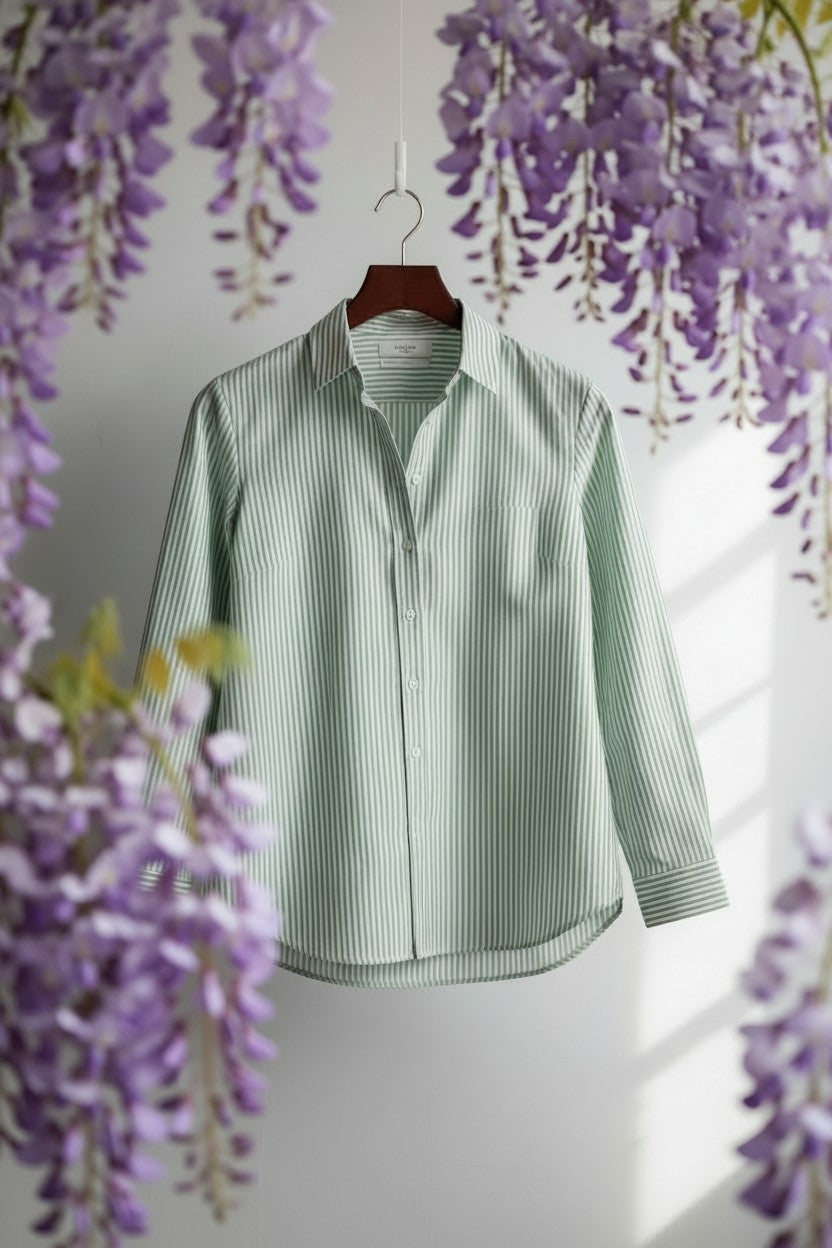 Cotton Stripe 3/4 Sleeve Shirt #3086 – Green