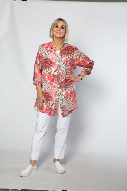 Soft Gorgeous Floral print Tab Sleeve Overshirt #3559 Pink