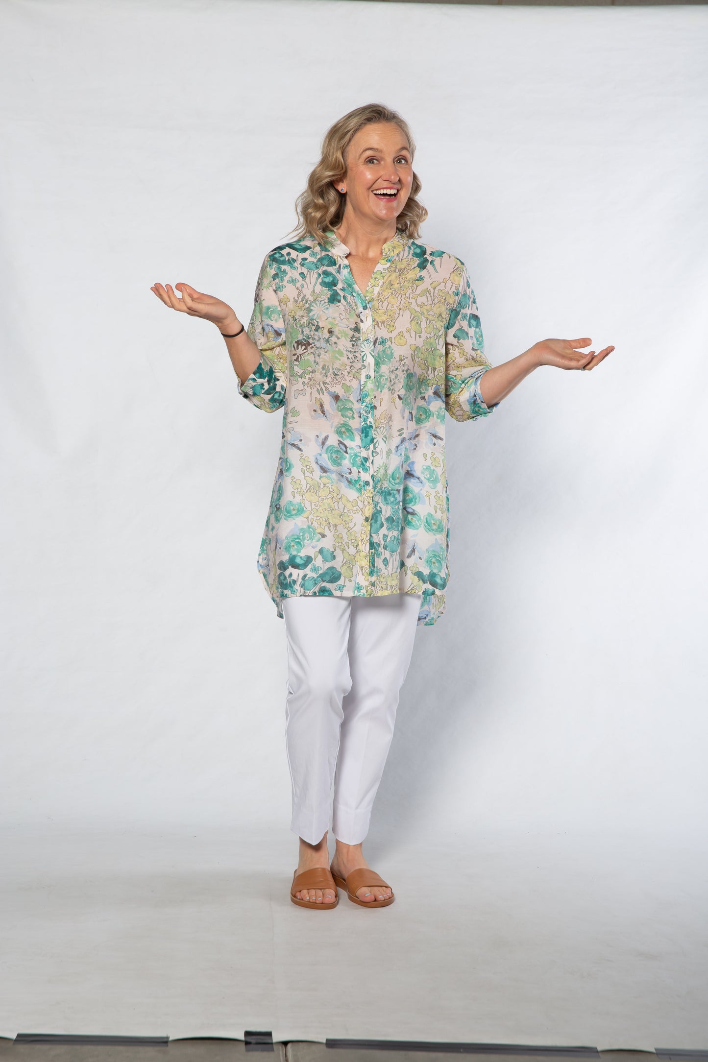 Soft Gorgeous Floral print Tab Sleeve Overshirt #3559  Green