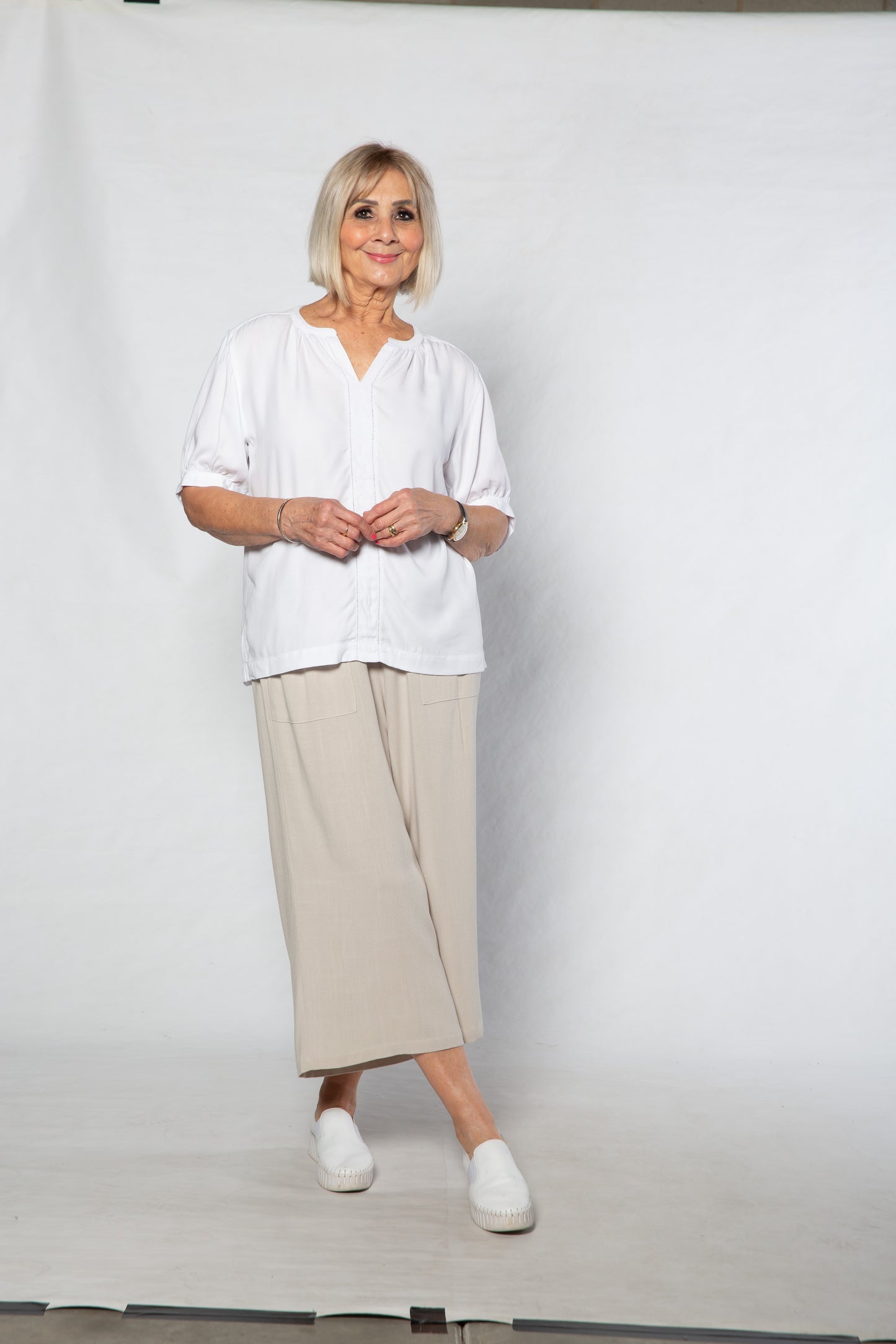 Soft Tencel Blend Pop Over Top with Fagotting Detail #515 White