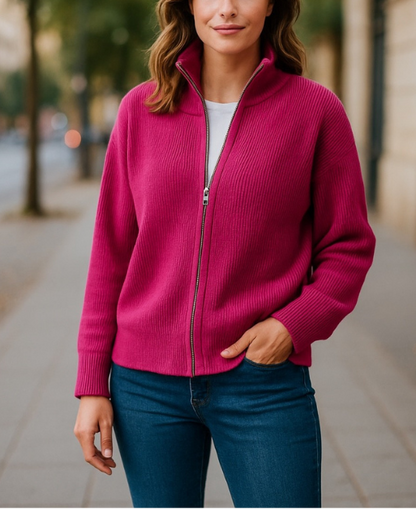 Soft Knit Ribbed Zip through Cardi with fine cable stitch on sleeves #5087 - PINK