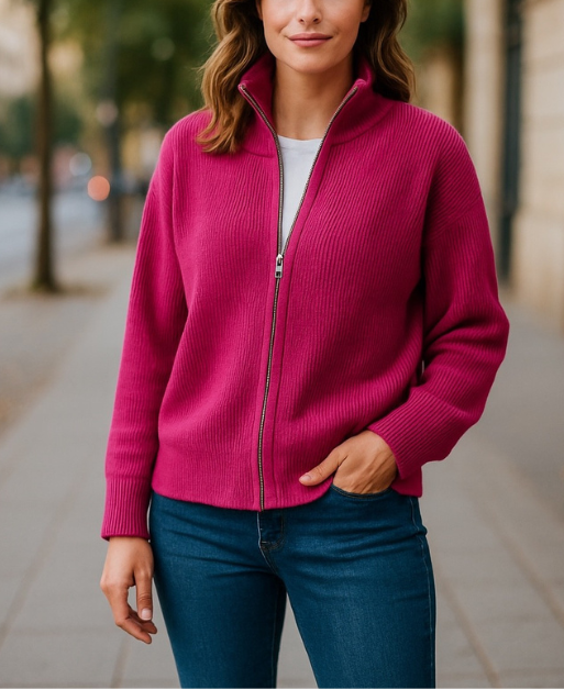 Soft Knit Ribbed Zip through Cardi with fine cable stitch on sleeves #5087 - PINK