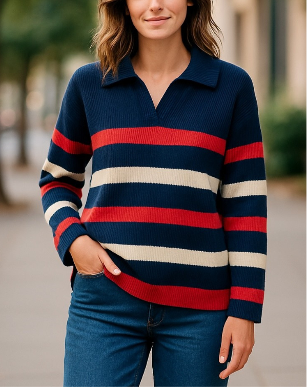 Johnny Collar ribbed v-neck stripe sweater #5368 - NAVY/PINK