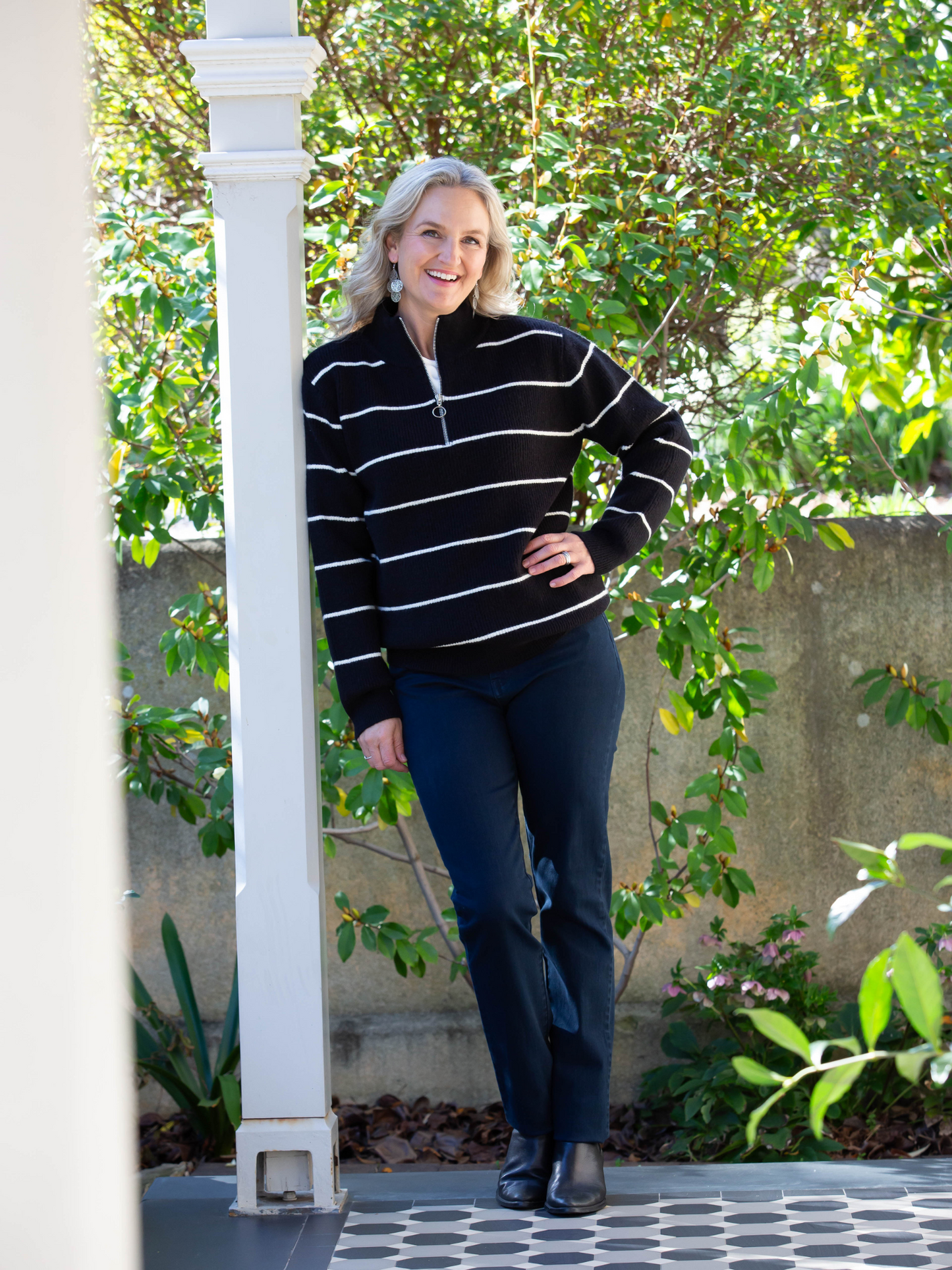 Stripe Soft Knit Ribbed Zip Neck Opening #5320 Black/White