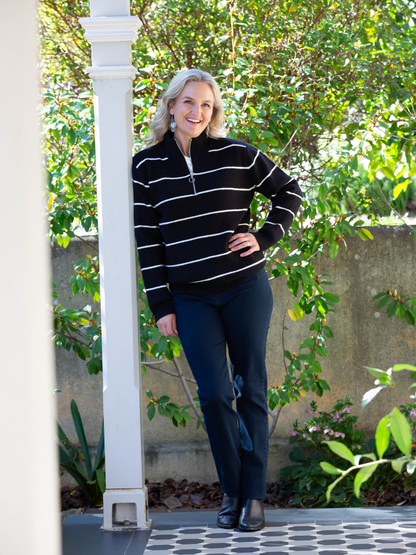 Stripe Soft Knit Ribbed Zip Neck Opening #5320 Black/White