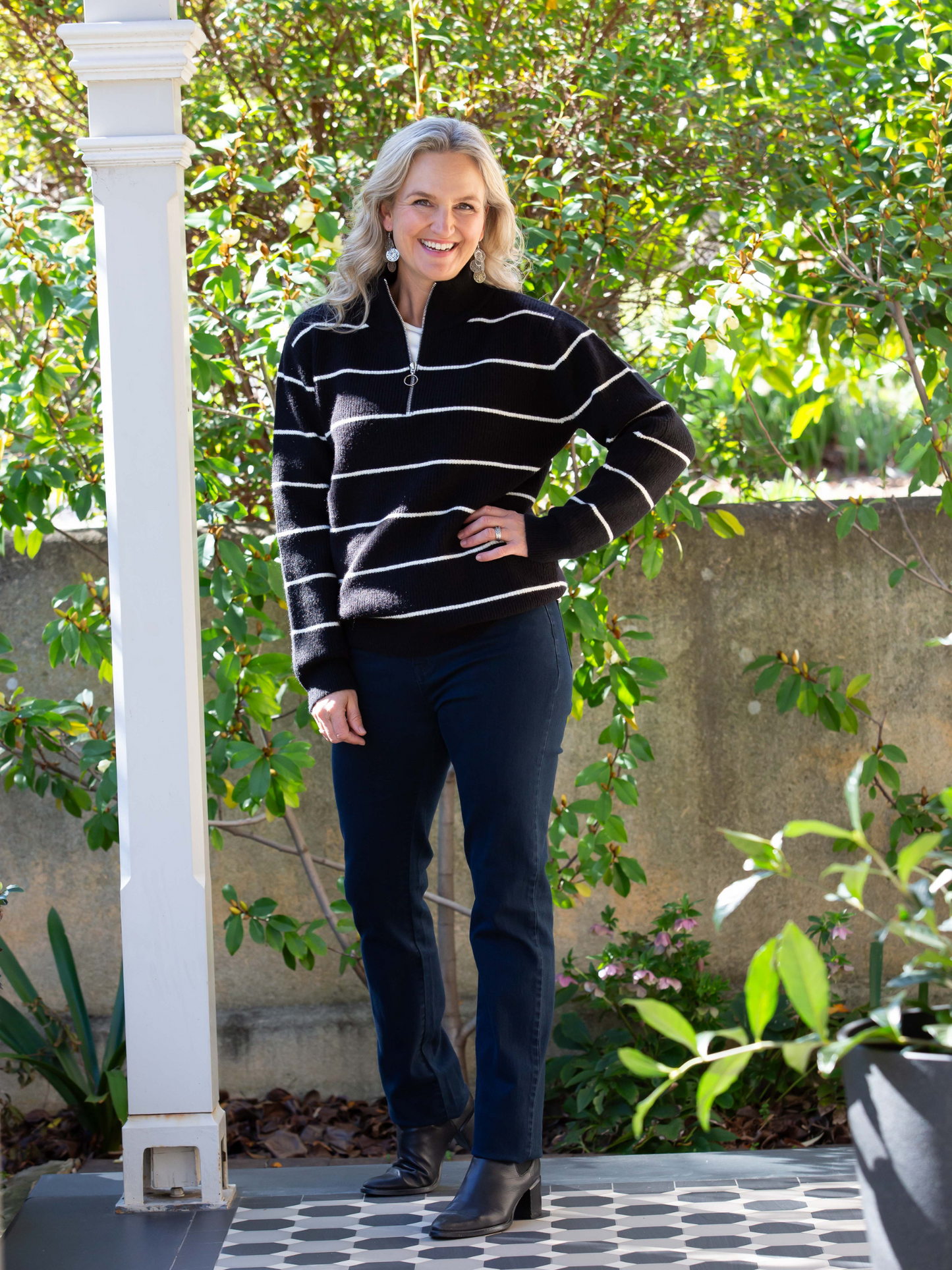 Stripe Soft Knit Ribbed Zip Neck Opening #5320 Black/White
