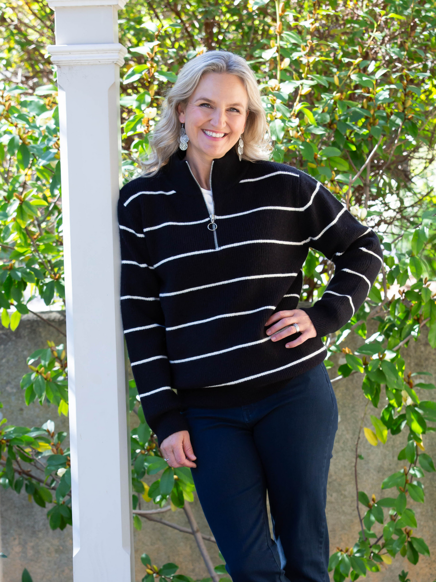 Stripe Soft Knit Ribbed Zip Neck Opening #5320 Black/White