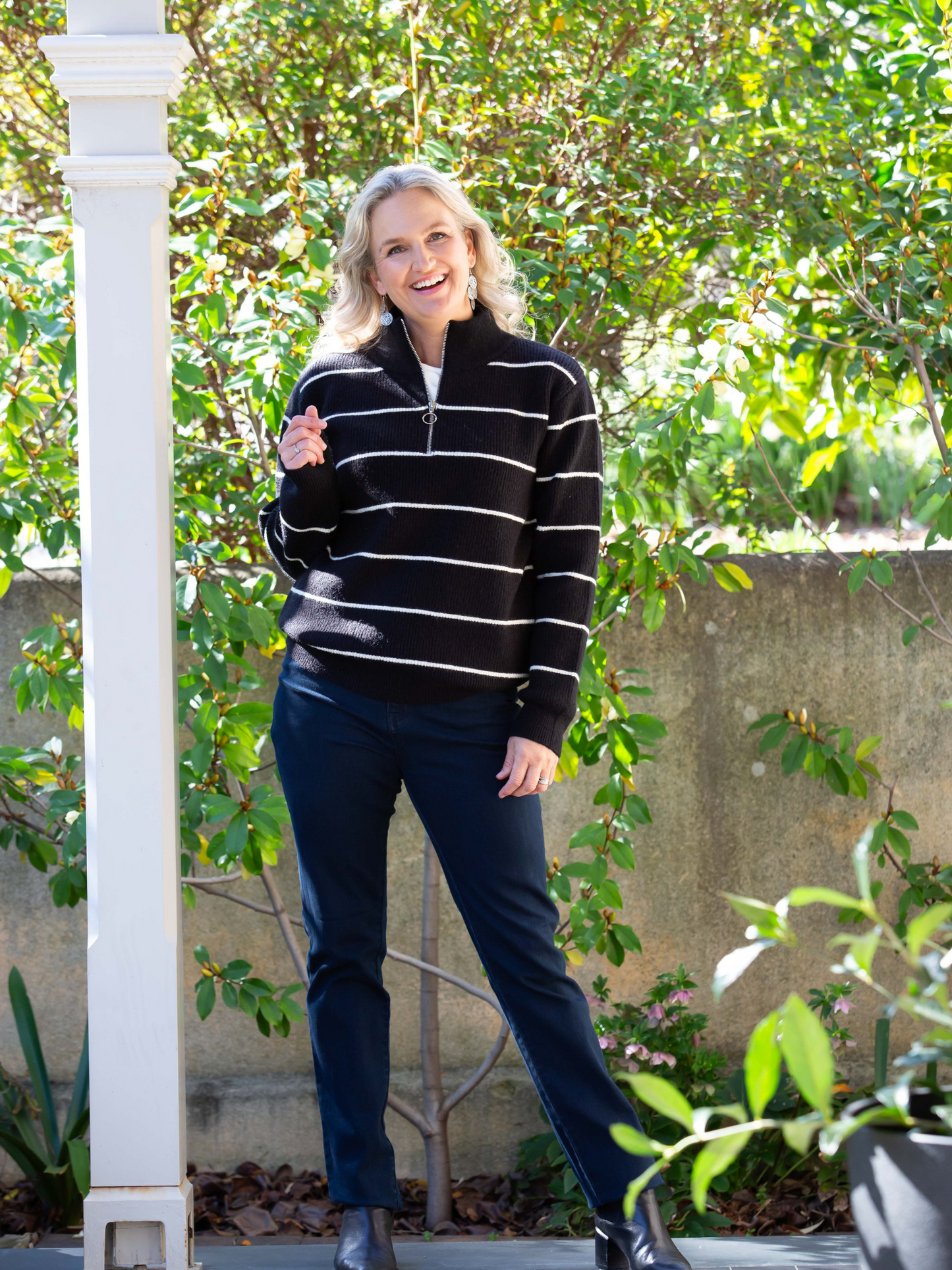 Stripe Soft Knit Ribbed Zip Neck Opening #5320 Black/White