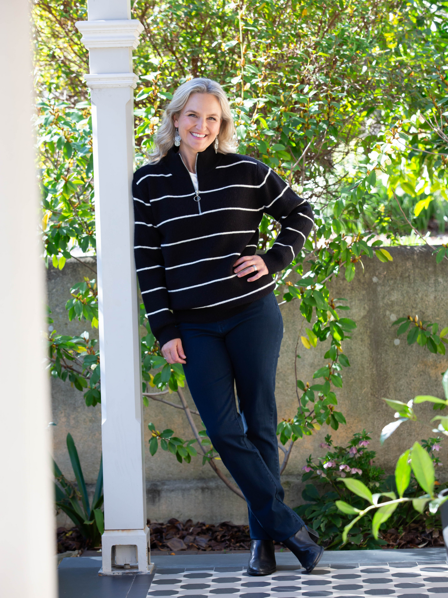 Stripe Soft Knit Ribbed Zip Neck Opening #5320 Black/White