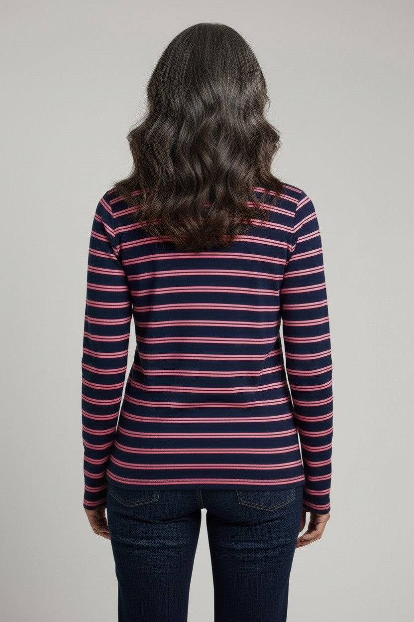 Cotton  Stripe Knit Polo Top with half zip opening #297 Navy/Pink