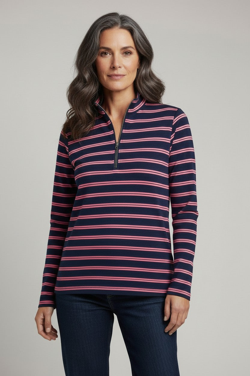 Cotton  Stripe Knit Polo Top with half zip opening #297 Navy/Pink