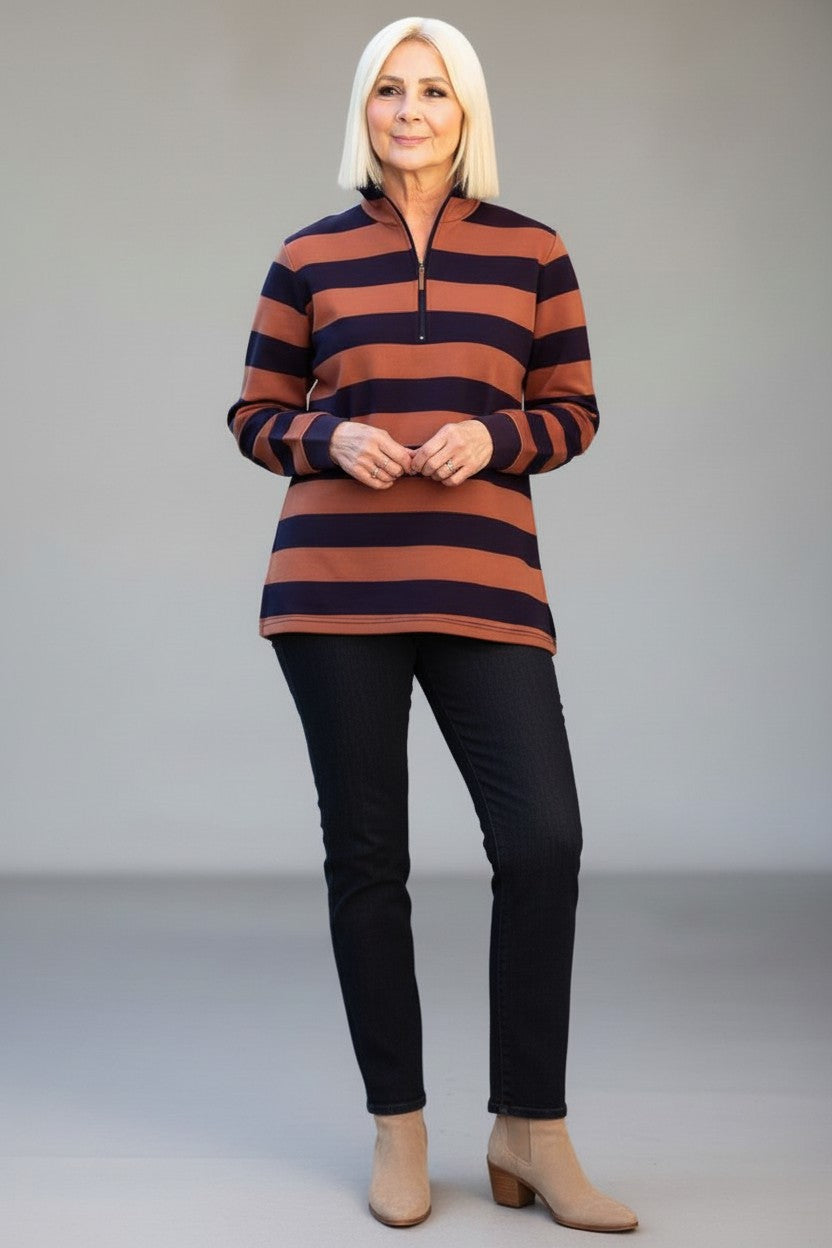 Block stripe 1/2 zip rugby #1045 - RUST NAVY