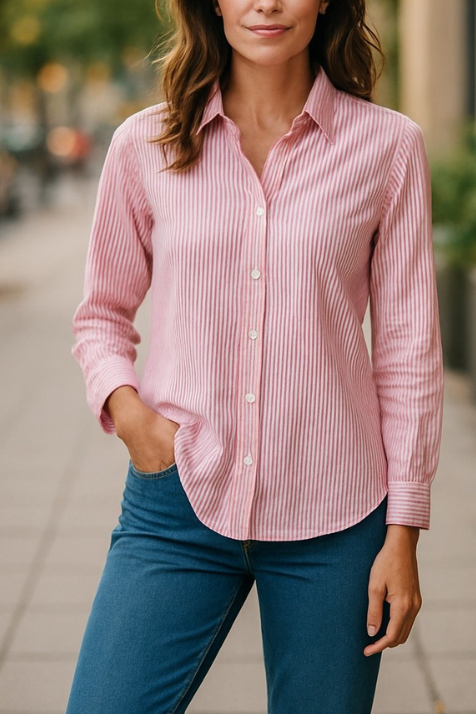 Cotton Long sleeve stripe shirt #3086 - PINK