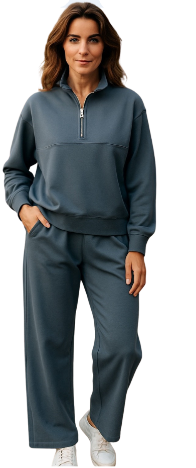 Winter 2026 leisure sets with models wearing pants and jumpers on a white background.