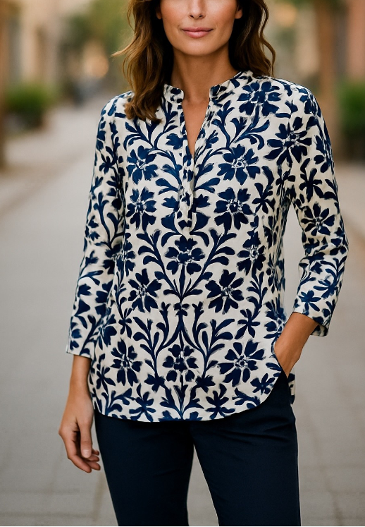 Tunic shirts with monochrome patterns worn by models, displayed on a white background.