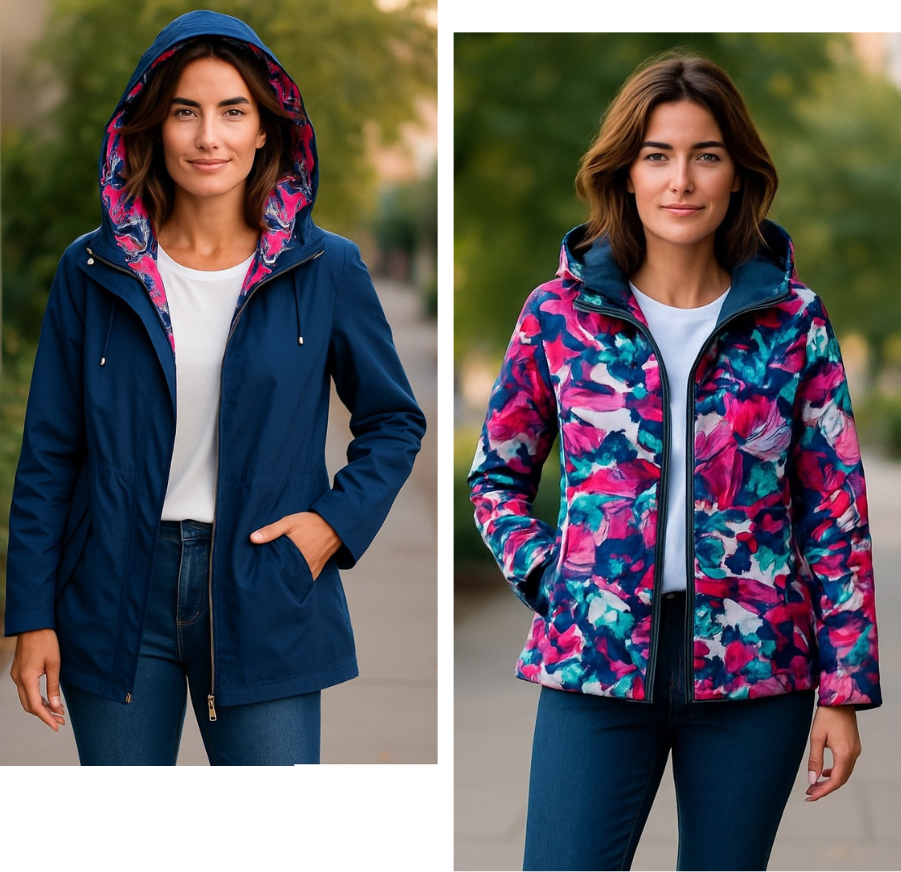 Reversible Hooded Jacket Pink Navy | Zip Front Watercolour Print ...