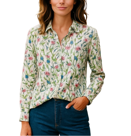 Ivory Multi Floral Cotton Shirt | Long Sleeve #3882