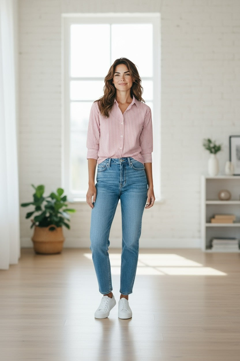 Relaxed Stripe 100% Cotton 3/4 sleeve Shirt #3360 Pink