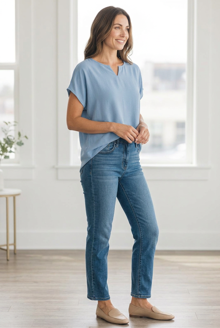 Extended Cap Sleeve Scoop Hem Top #627 Navy/Sky/Mint