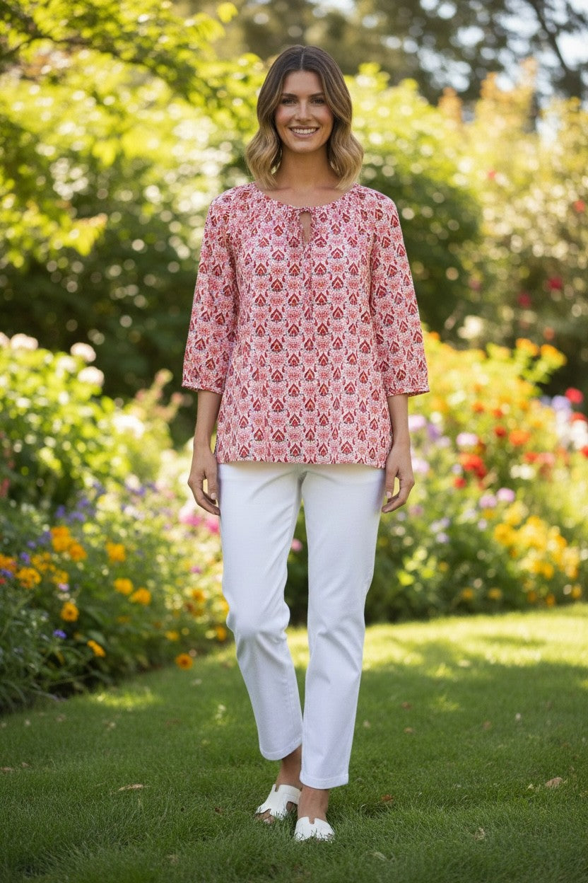Raglan sleeve round neck print top with tie front opening 583 Multi